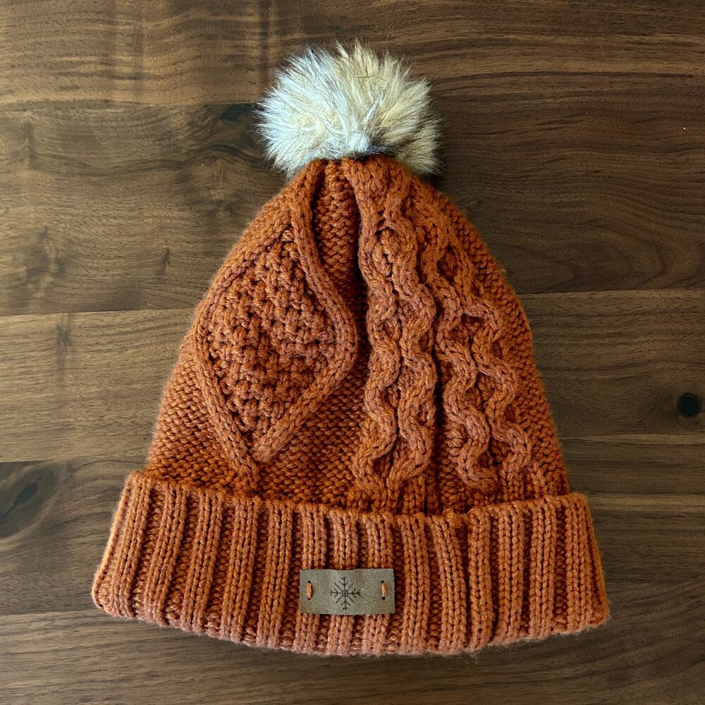 Burnt Orange Cable Beanie with Faux Fur Pom Pom
